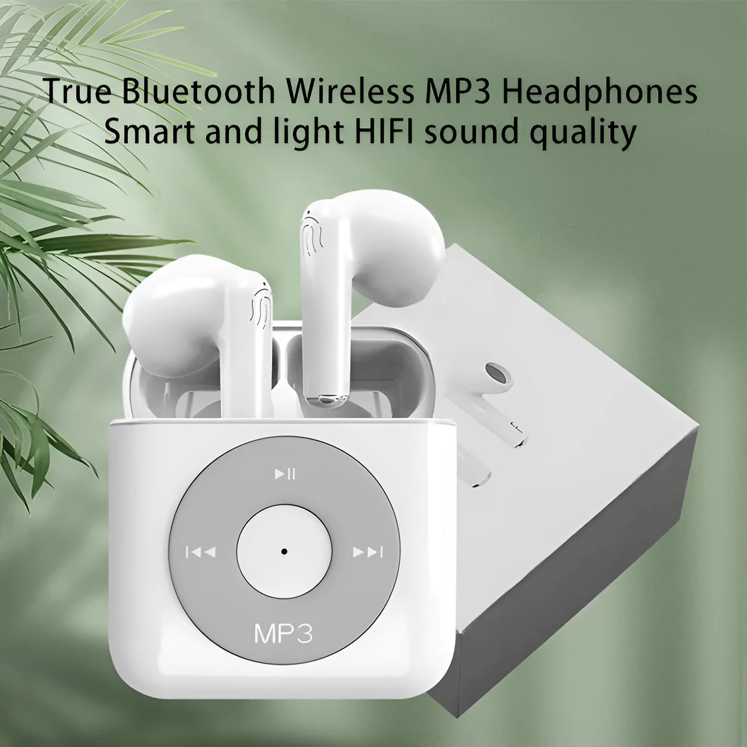 White semi in-ear wireless Bluetooth earphones and charging case on a table.