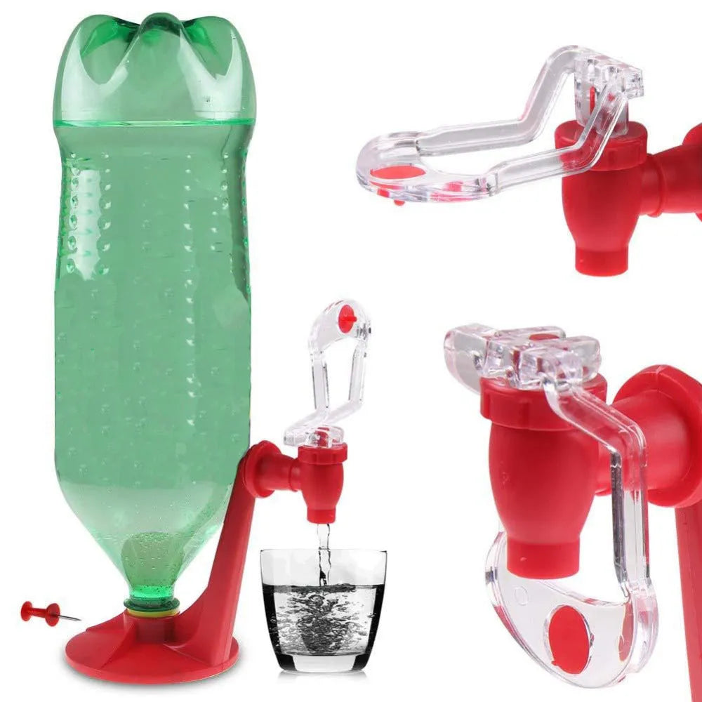 Red plastic Magic Tap soda dispenser attached to an inverted 2-litre bottle