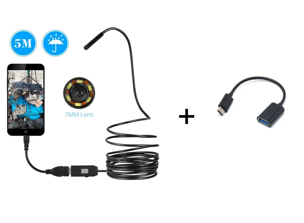 OWSOO USB endoscope camera with 5m cable, 7mm lens, LED lights, hook, magnet, and mirror for inspections