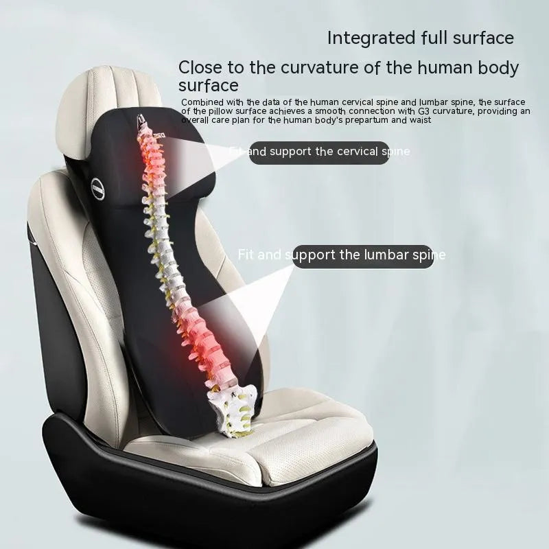 Black automotive memory foam mat showing integrated waist cushion and headrest lumbar support pillow on a car seat.