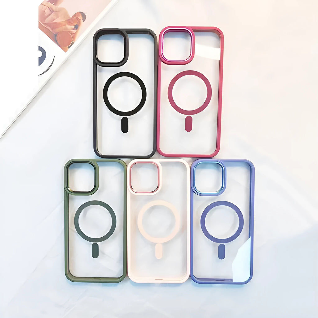 Slim magnetic transparent silicone phone case for iPhone on a MagSafe charger, showing raised edge protection.