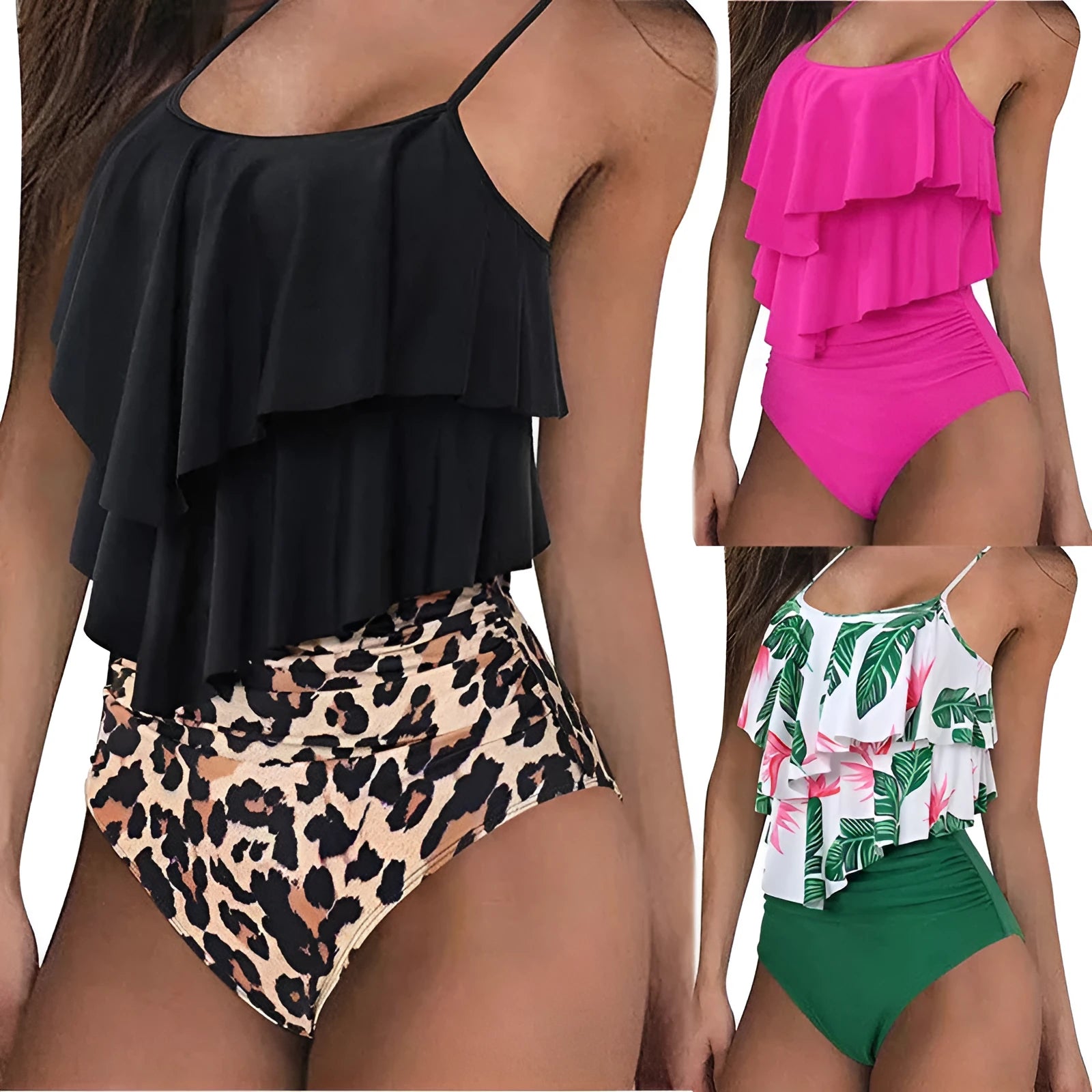 Ruffled bikini swimsuit in polyester, 82% fabric with 18% lining, available in Black, Green, Rose Red, sizes S-XL