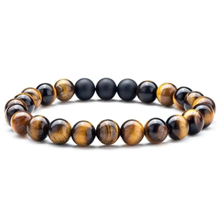 Geometric agate couple bracelets in tiger eye and matte black beads.