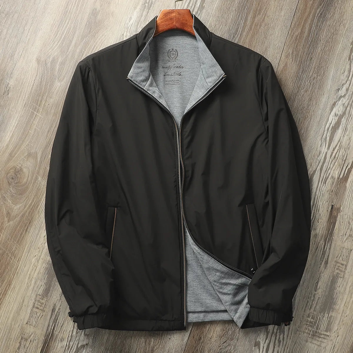 Men's simple stand collar jacket in a polyester-cotton blend, shown in one of four available colours.