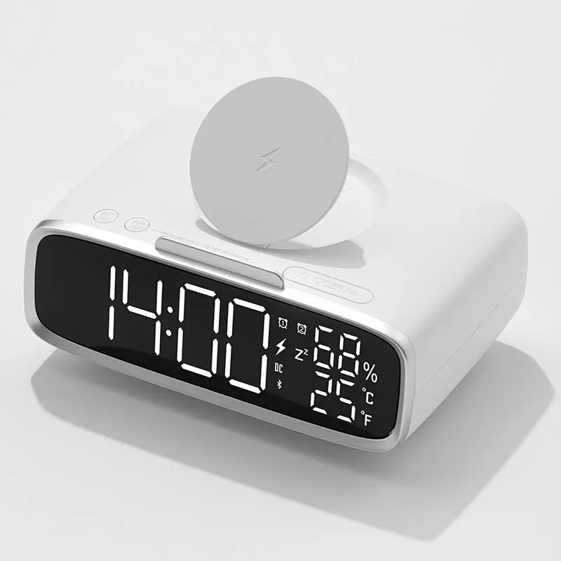 White wireless charging speaker alarm clock with Bluetooth and night light functions