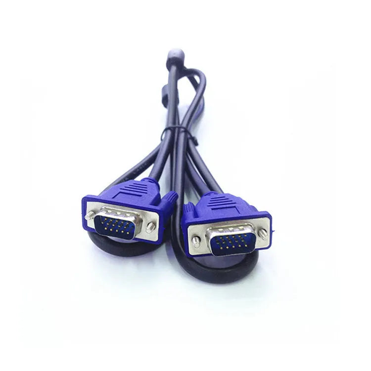 Black VGA cable with blue connector heads, 1.5 metres long, for connecting computers to monitors and TVs.