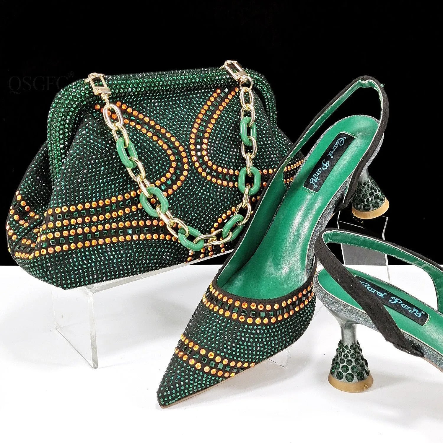 Women's pointed toe high heel shoes with matching small bag in synthetic leather, wine glass heel.