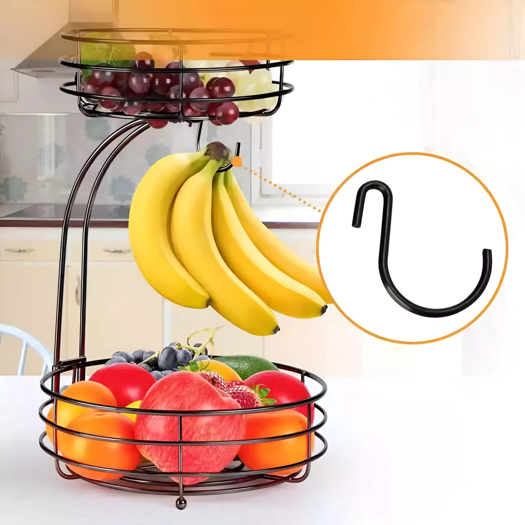 Double-layer black wrought iron fruit basket with open-weave design for produce storage