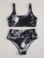Women's high waist marble print bikini swimwear in a U-neck design.