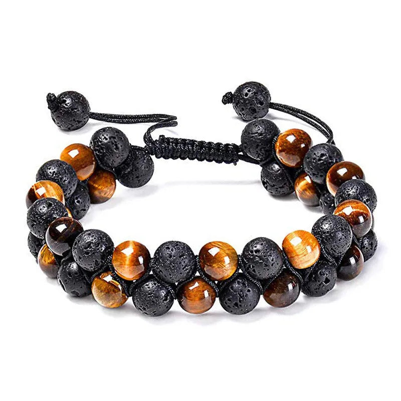 Geometric agate couple bracelets in tiger eye and matte black beads.