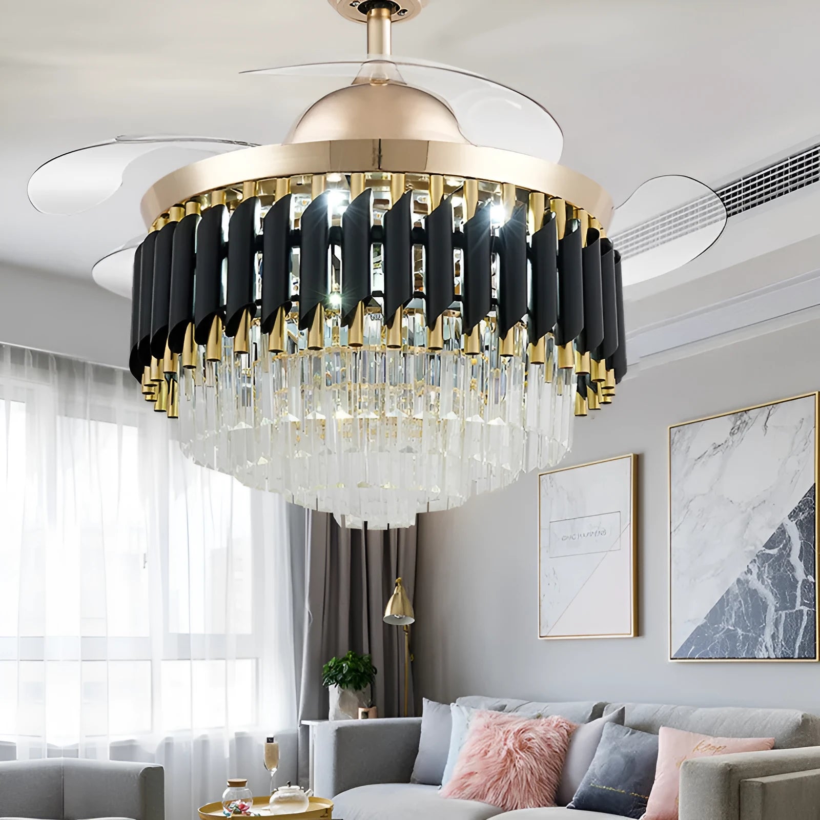 Crystal chandelier ceiling fan light with remote control in 42 inch and 48 inch size options