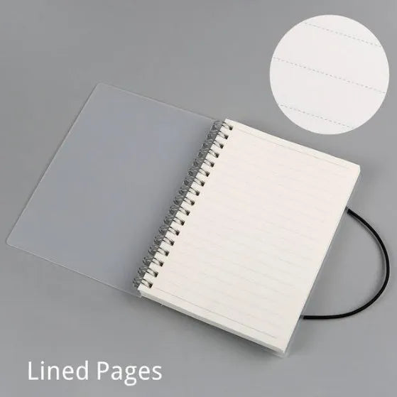 Plastic cover spiral coil notebook with transparent PVC cover and elastic rope, A5 size, cream paper pages visible