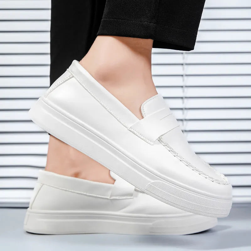 Men's round toe casual shoes in white, black and white, and khaki colours, showing the PU leather upper and oversleeve design.