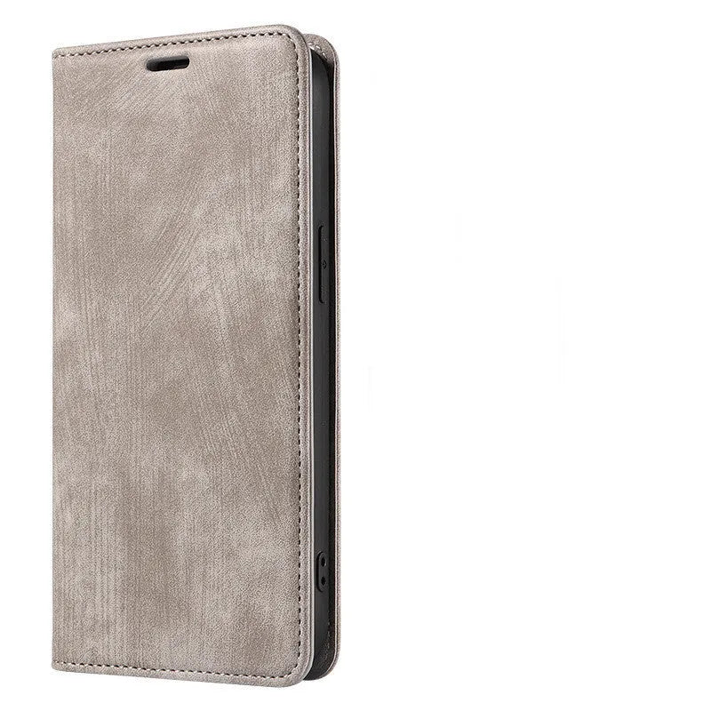 Magnetic flip phone case in grey showing interior card slots, compatible with various iPhone models.
