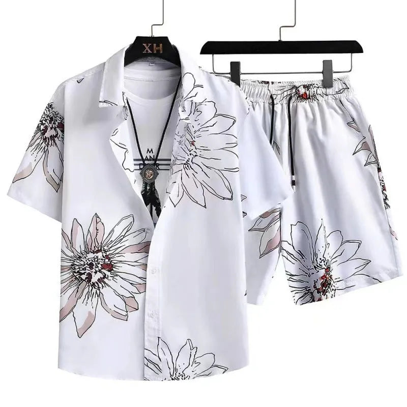 Man wearing a digitally printed short-sleeve cardigan shirt and matching shorts from a casual polyester suit set.