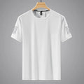 Men's summer solid colour ice T-shirt in black polyester bird eye cloth with round neck and short sleeves on a plain background