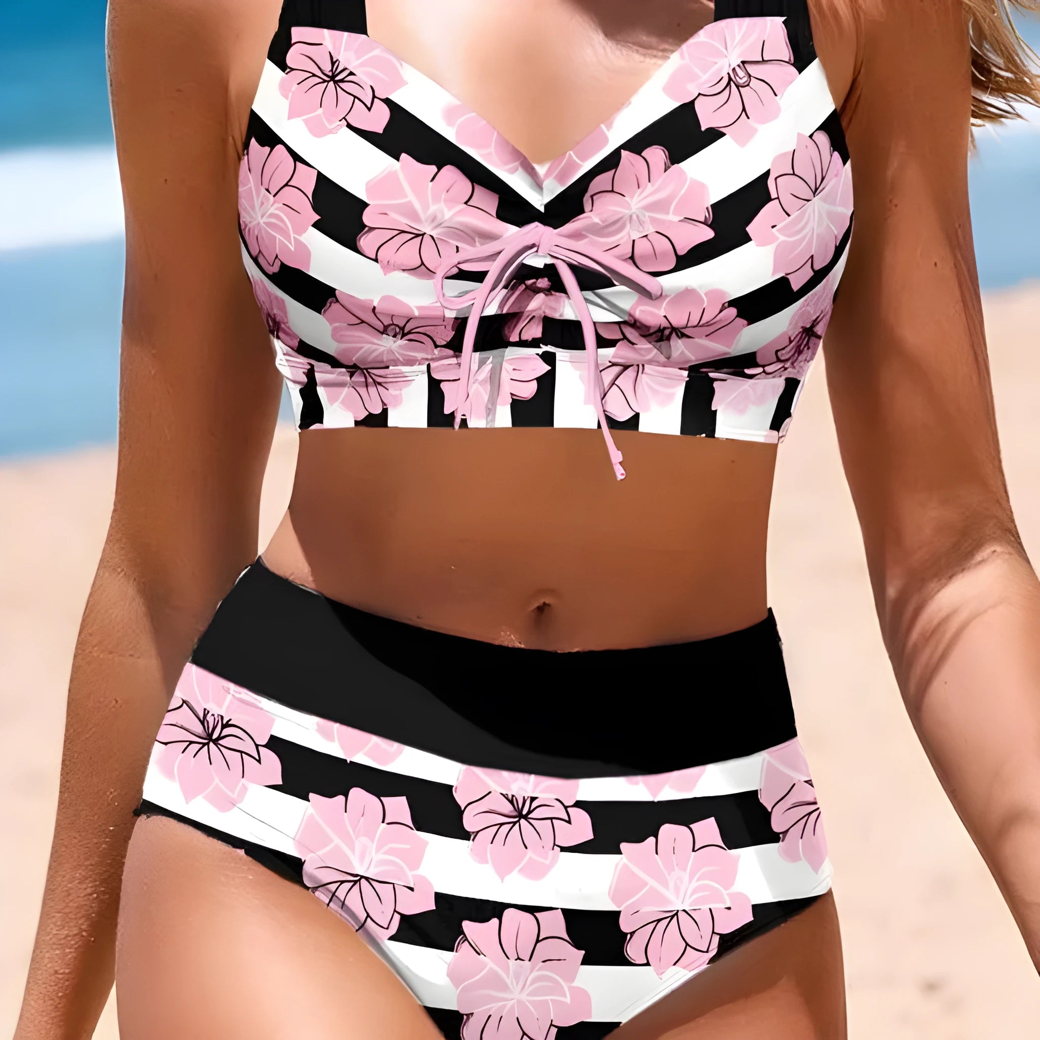 Women's black printed belly-covered slimming split bikini swimsuit for swimming and water sports