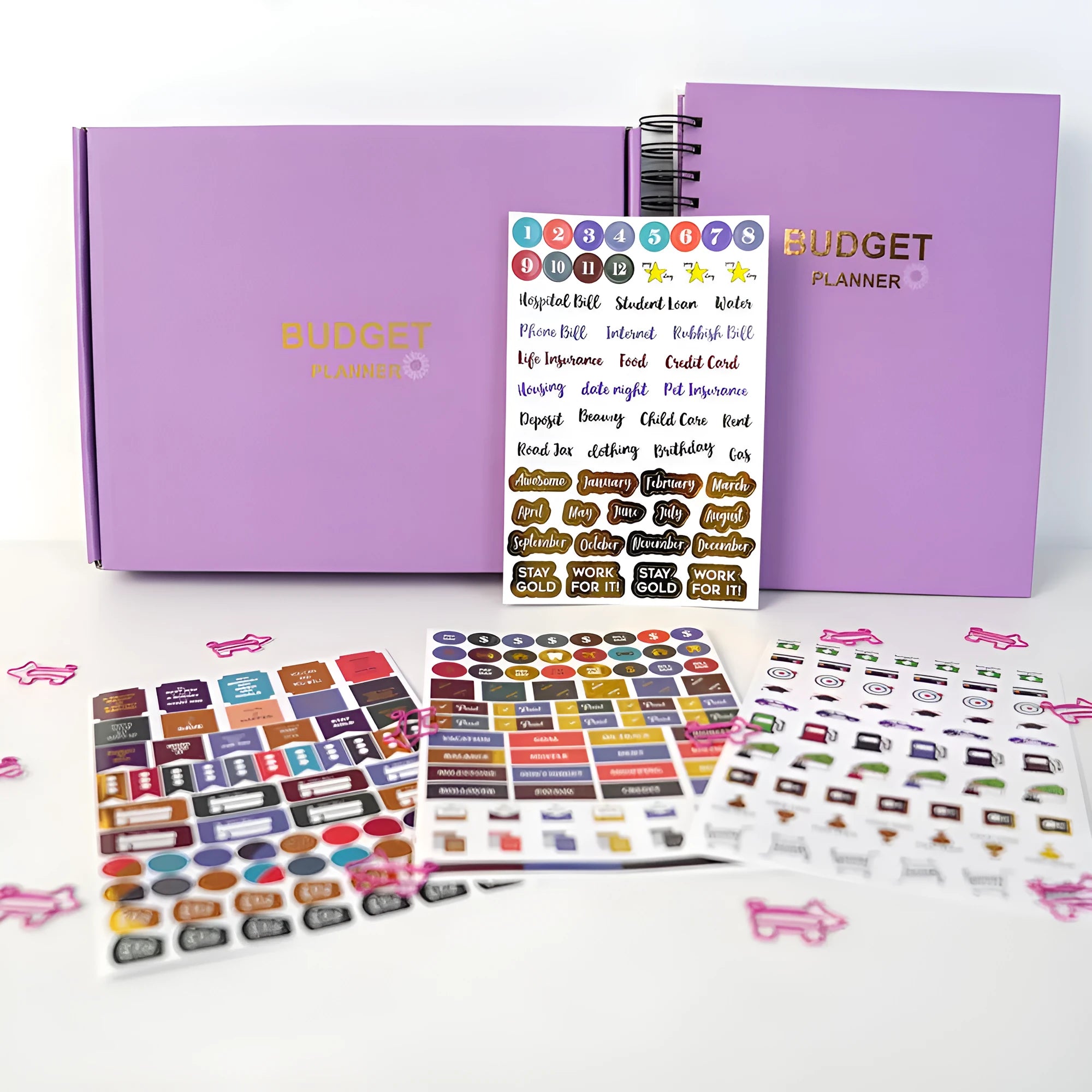J12 purple coil-bound budget book open showing Daolin paper pages with financial tracking stickers and paper clips