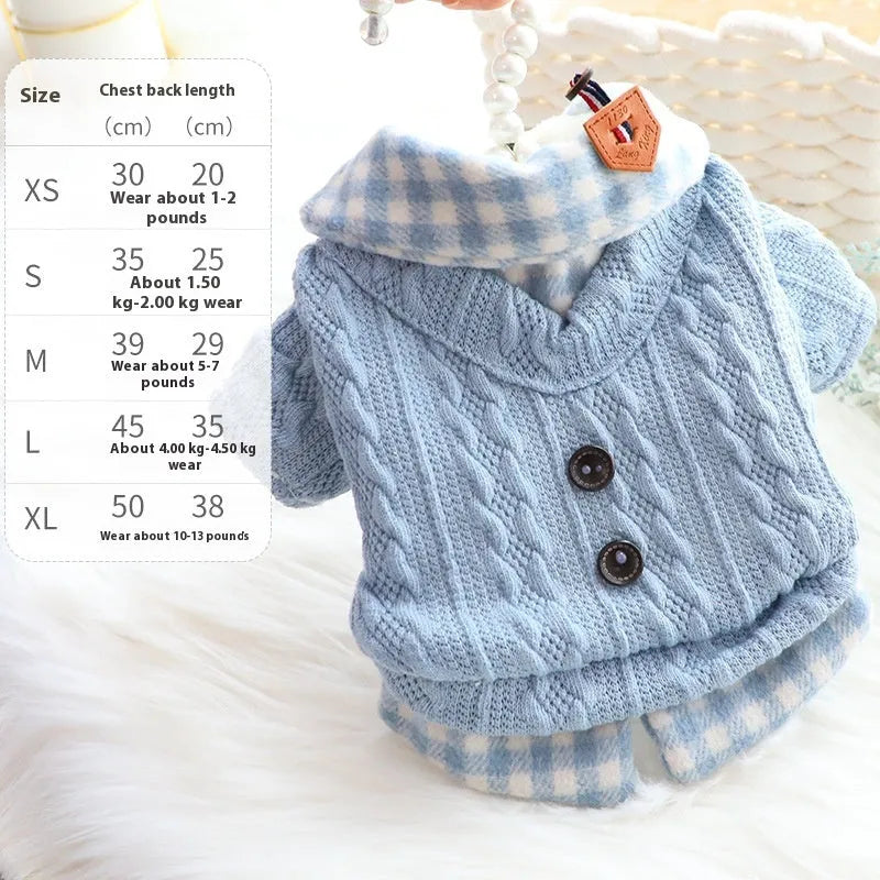 Blue wool plaid check two-piece dog sweater with fleece lining shown on dog model