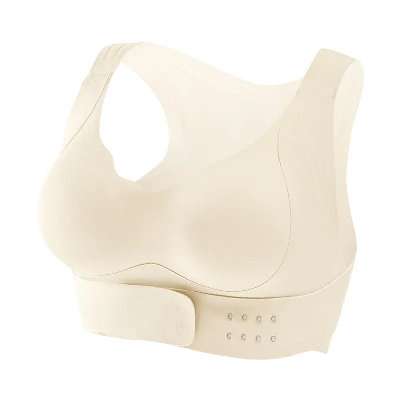 Front buckle closure sports bra for women in black, white and nude colours with back shaping design.