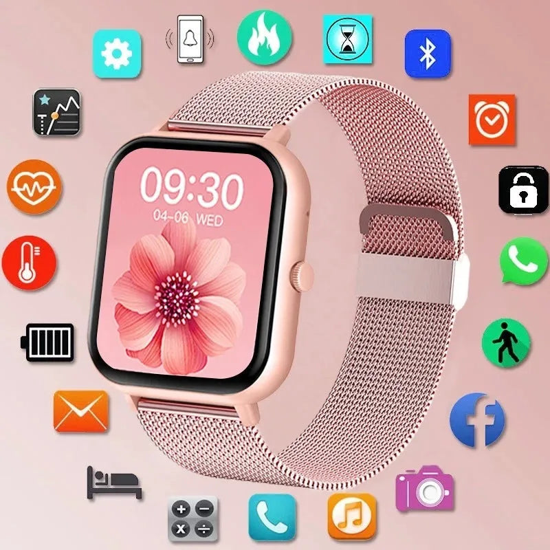 ZL54C smart watch with AMOLED screen displaying health stats, shown with Milan steel strap options.