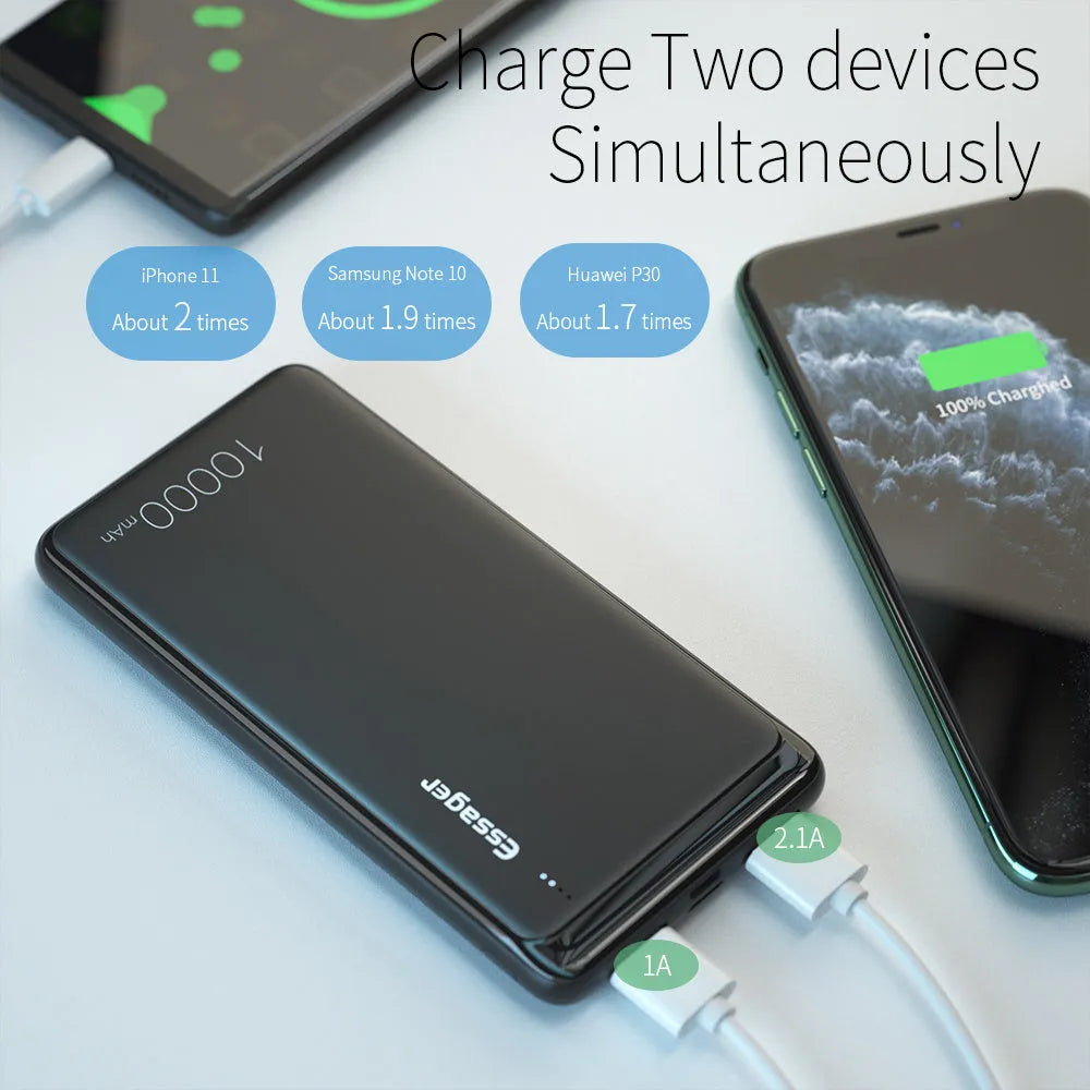 Essager Small Jane black and white 10000mAh portable power bank showing dual USB ports and LED indicator lights.