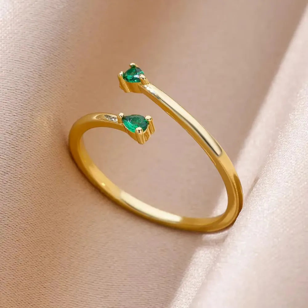 Adjustable 18K gold plated love emerald ring with synthetic zircon for women, open mouth copper design