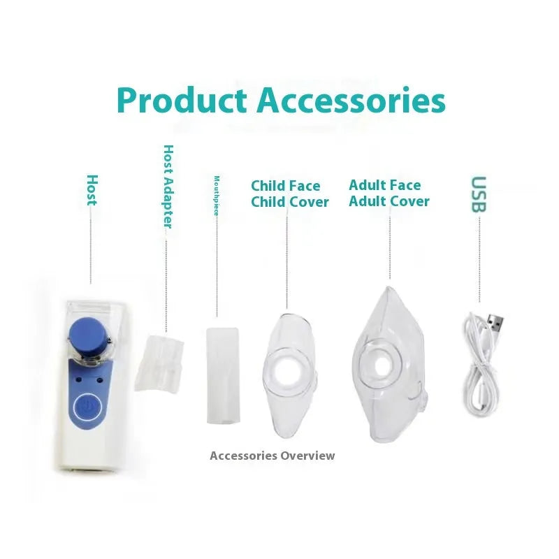 White columnar handheld USB nebuliser spray machine on a table with data cable.