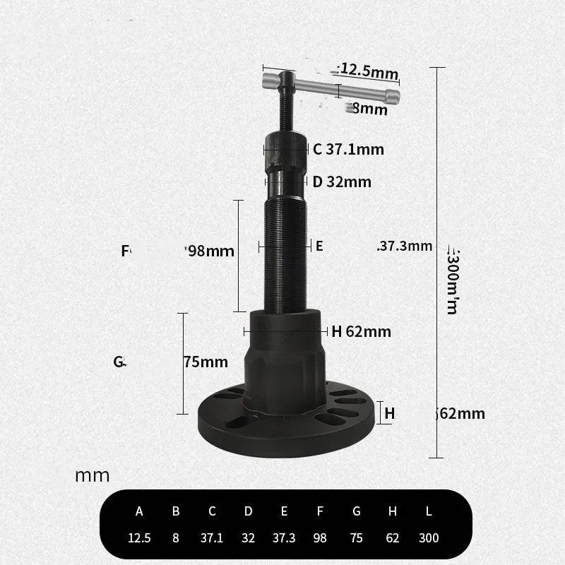 Chrome vanadium steel brake drum and wheel hub puller tool shown with three style options A, B, and C.