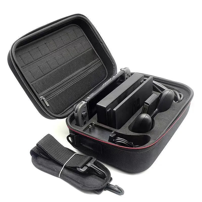 Black EVA game console accessory storage bag showing dimensions for organising controllers and cables.