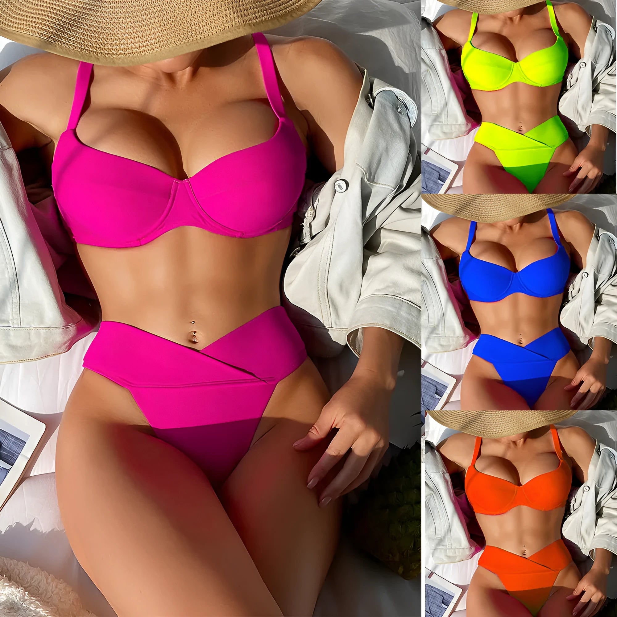 Solid colour nylon bikini swimsuit in briefs style on a white background.