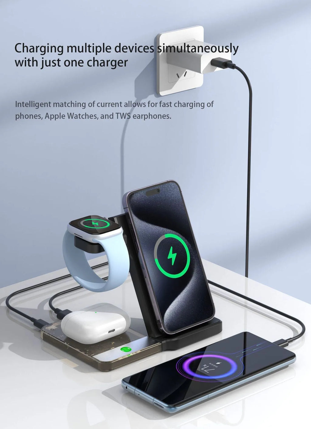 Black foldable wireless charging stand with phone, Apple Watch, and AirPods charging positions