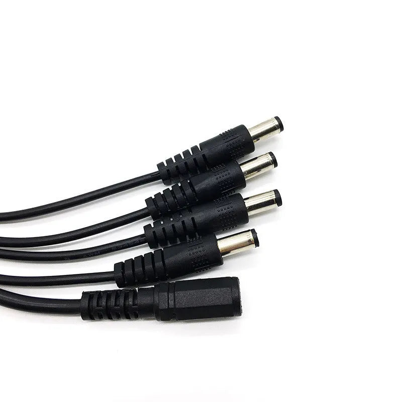 Black 12V monitoring power cord with DC one-in-four interface for security cameras, 0.39m length with 5.5mm connectors