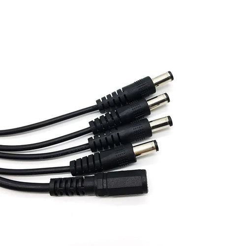 Black 12V monitoring power cord with DC one-in-four interface for security cameras, 0.39m length with 5.5mm connectors