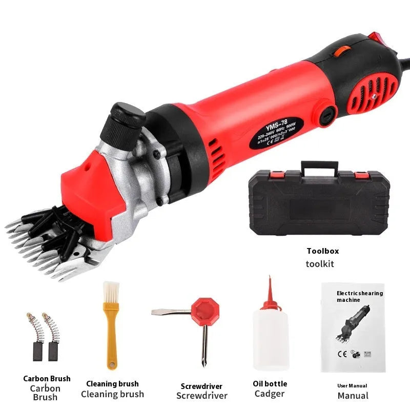 Yellow electric wool shearing machine with 13-tooth blade, maintenance tools, and plastic storage box