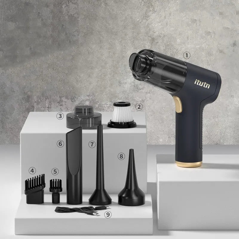 Black cordless car and home vacuum cleaner with inflation function and full accessory kit on a white background.