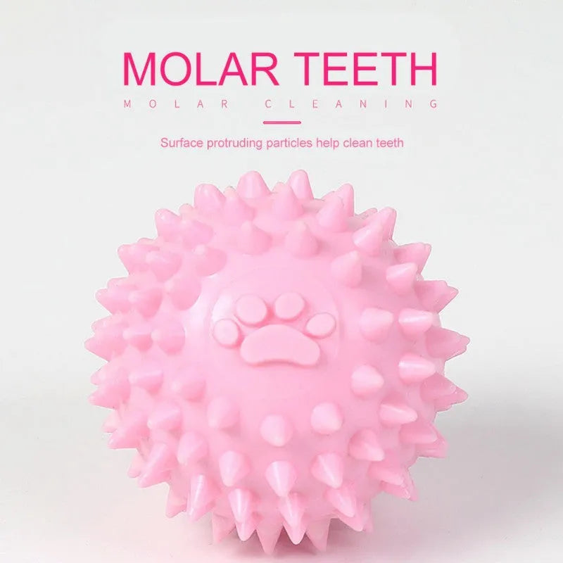 Blue TPR dog chewing ball with textured footprint design for teeth cleaning, 6cm diameter