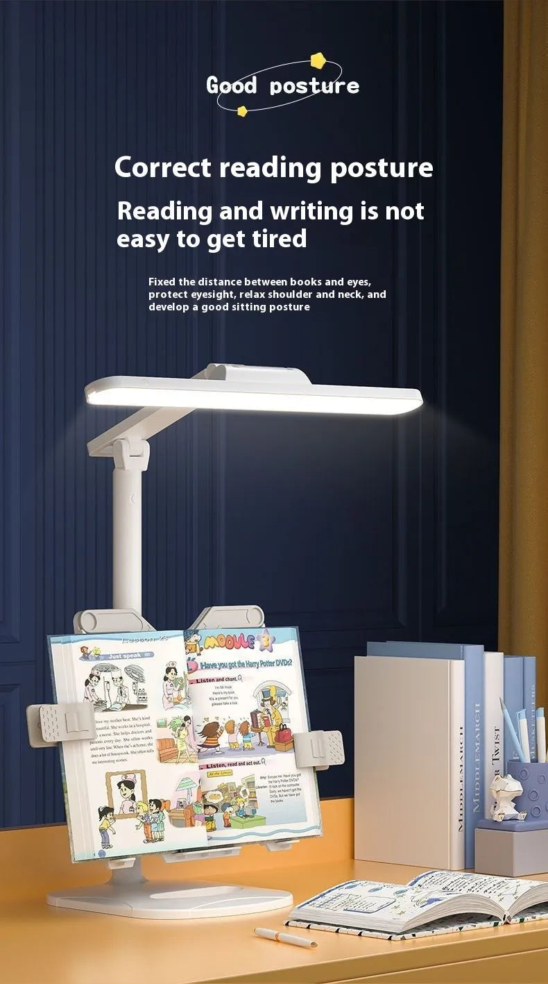 Adjustable black desk lamp with gooseneck arm and clamp, showing three light colour temperature settings.