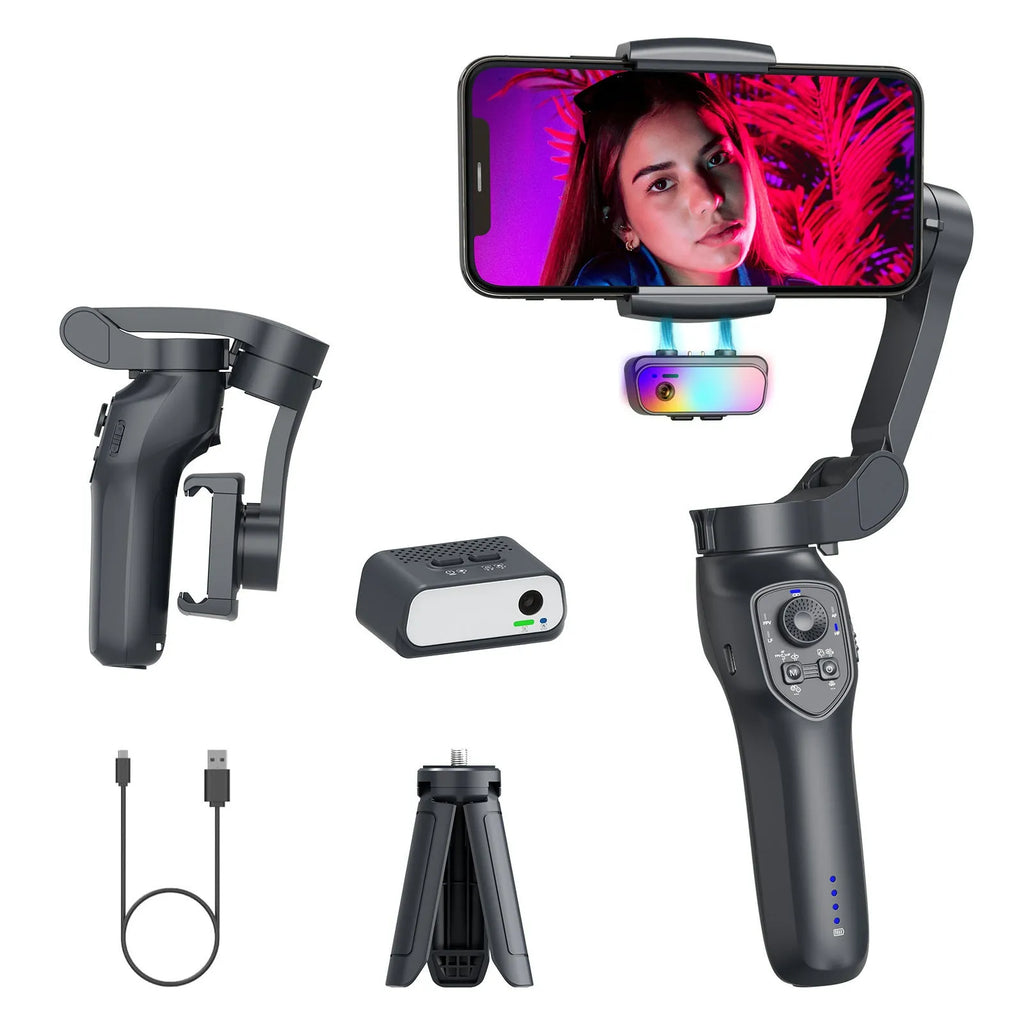 RK series foldable handheld phone gimbal stabiliser in gun colour with USB charging port