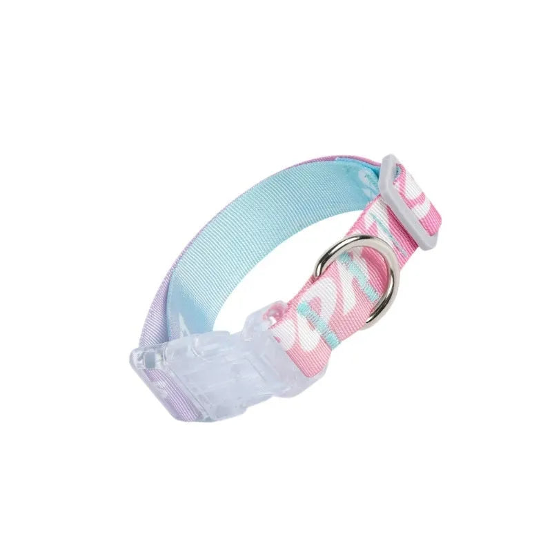 Adjustable nylon dog collar with a colourful cartoon gradient print and a metal D-ring, shown in panda green.