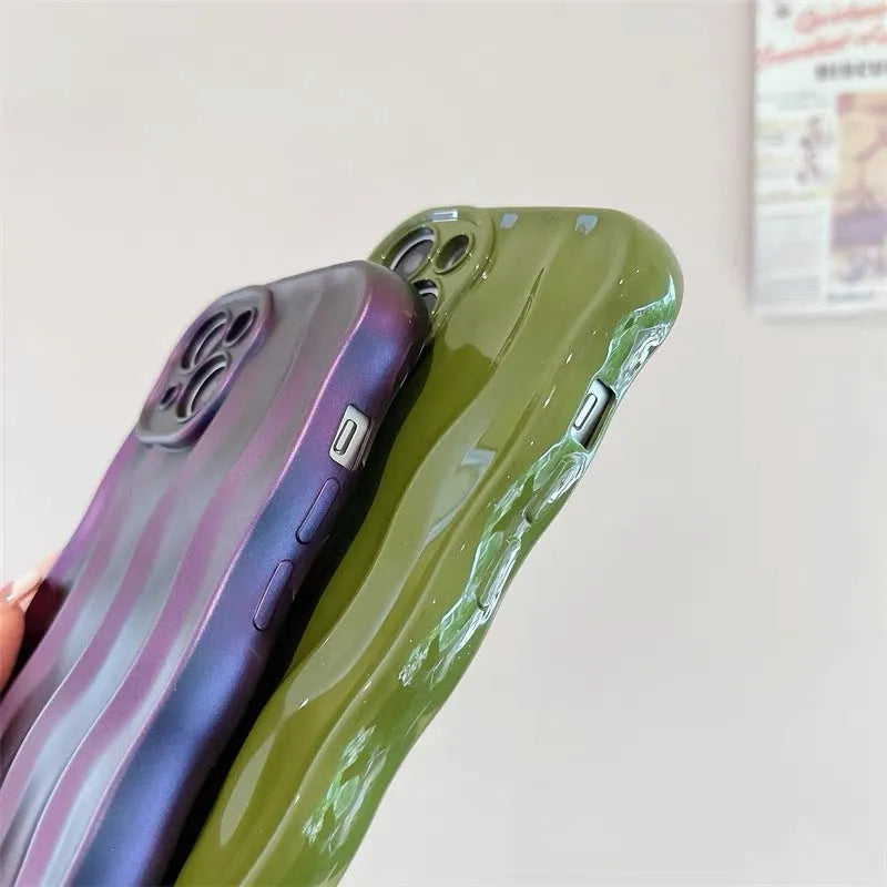 Soft silicone iPhone 17 case with water ripple texture in wavy green colour.