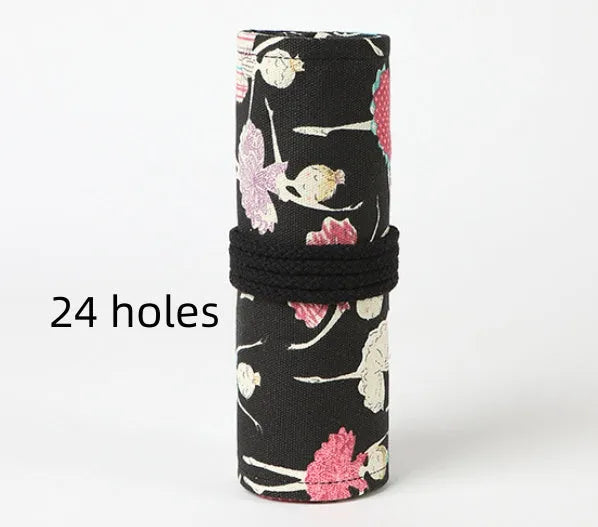Canvas rolling pencil case with ballet girl print showing multiple pencil holes