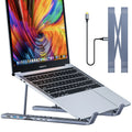 Aluminium folding laptop stand with integrated 8-in-1 docking hub ports and a short cable.
