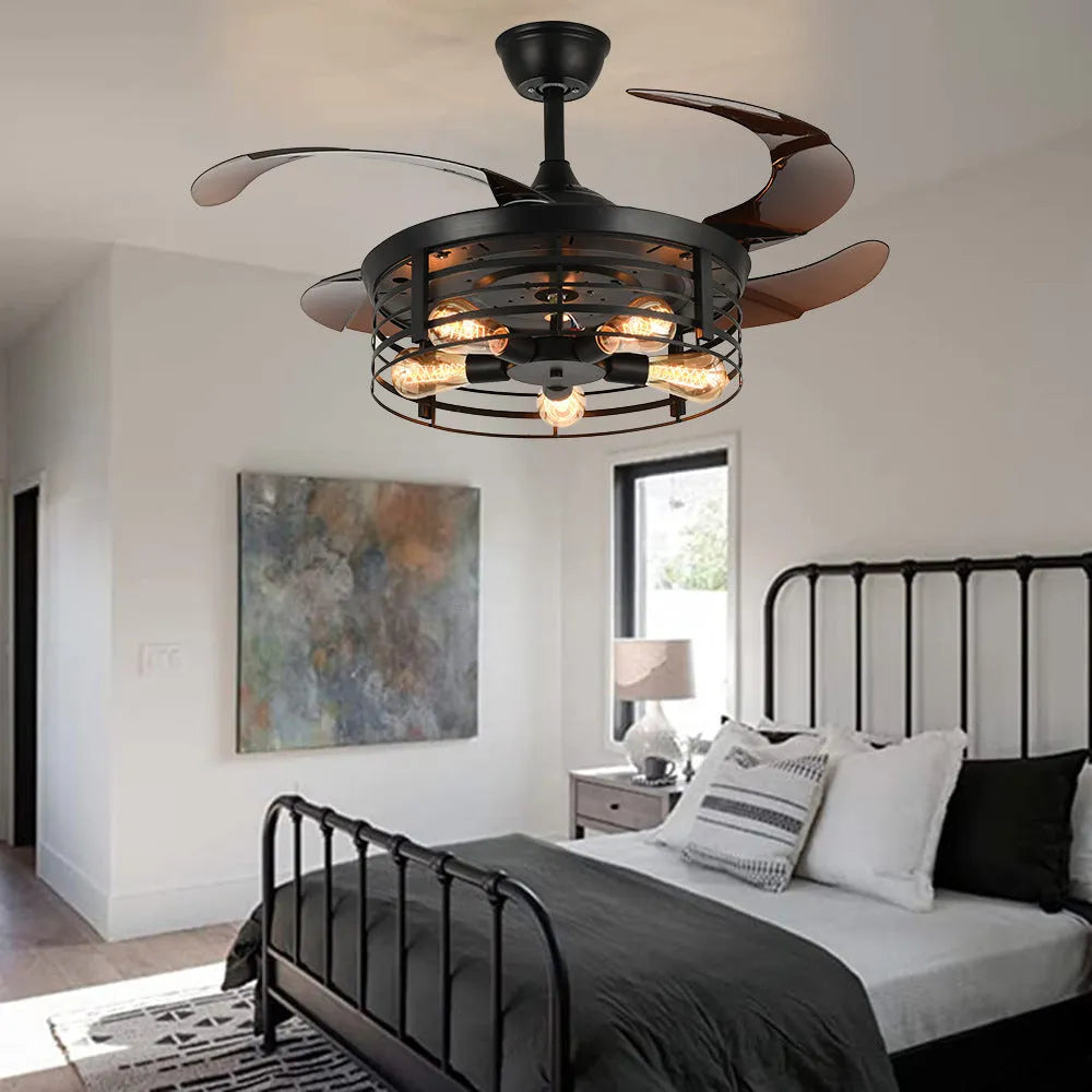 American retro industrial style ceiling fan lamp with acrylic blades and shade, remote control on table.
