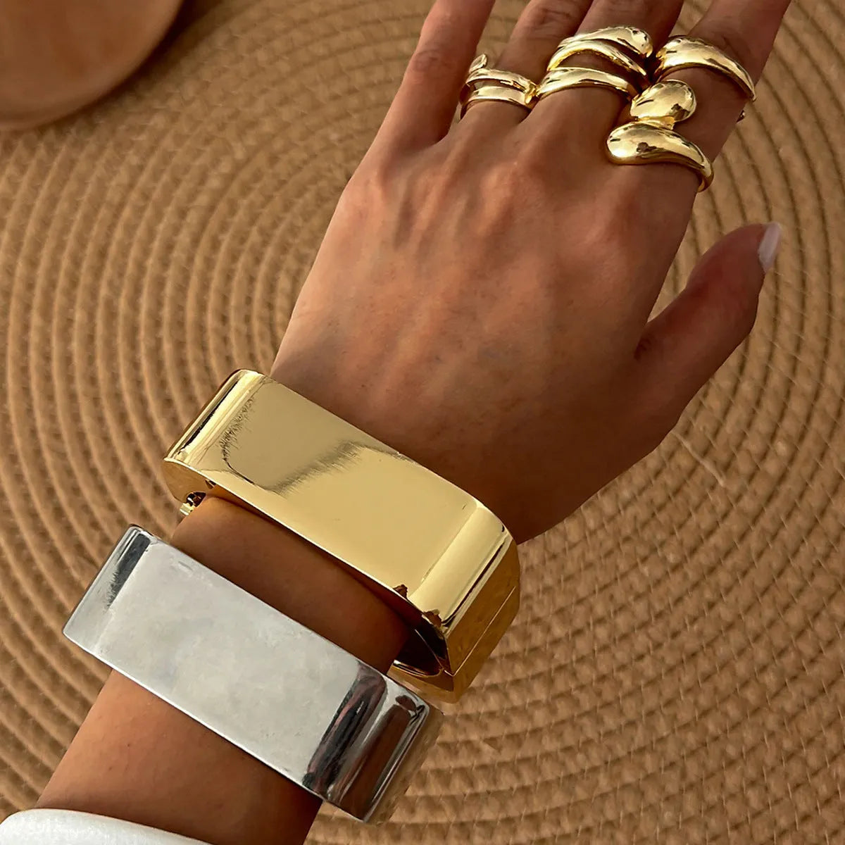 Geometric square mirror bracelet with glossy electroplated alloy finish in Gold or Silver Sweep colour