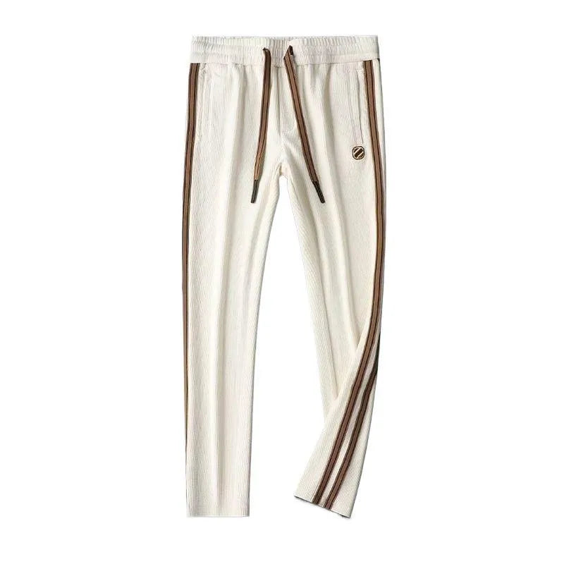 Men's brown synthetic fibre blend striped sportswear set with long-sleeve jacket and long pants