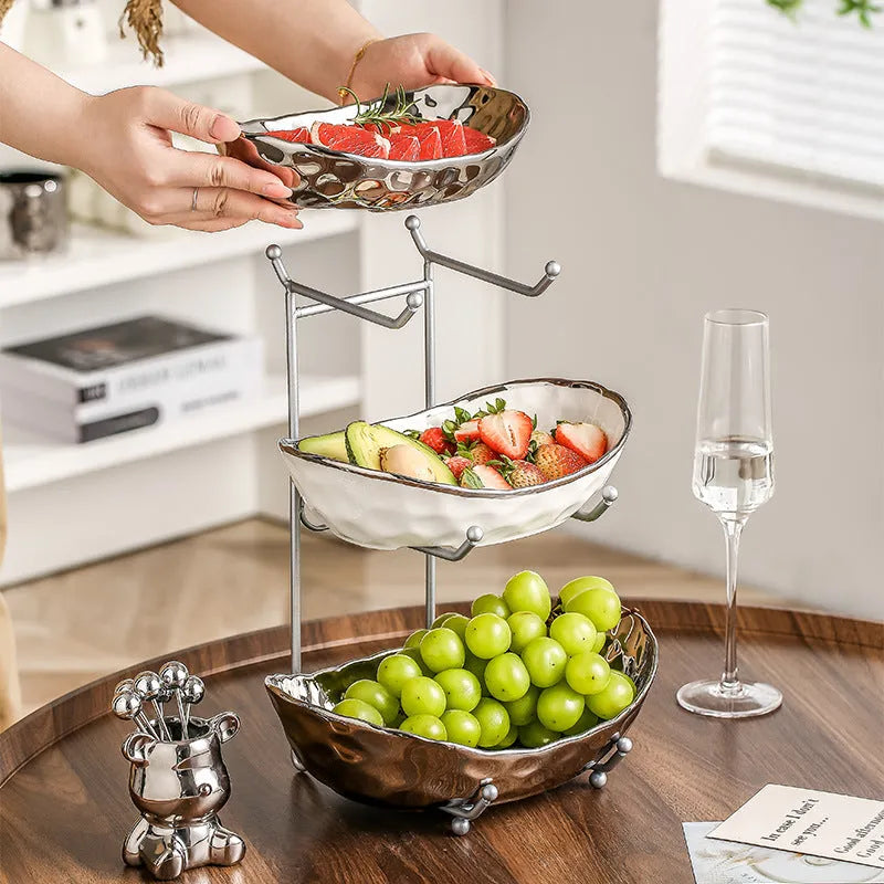 Multi-layer porcelain fruit tray with gold or silver electroplated stone texture frame