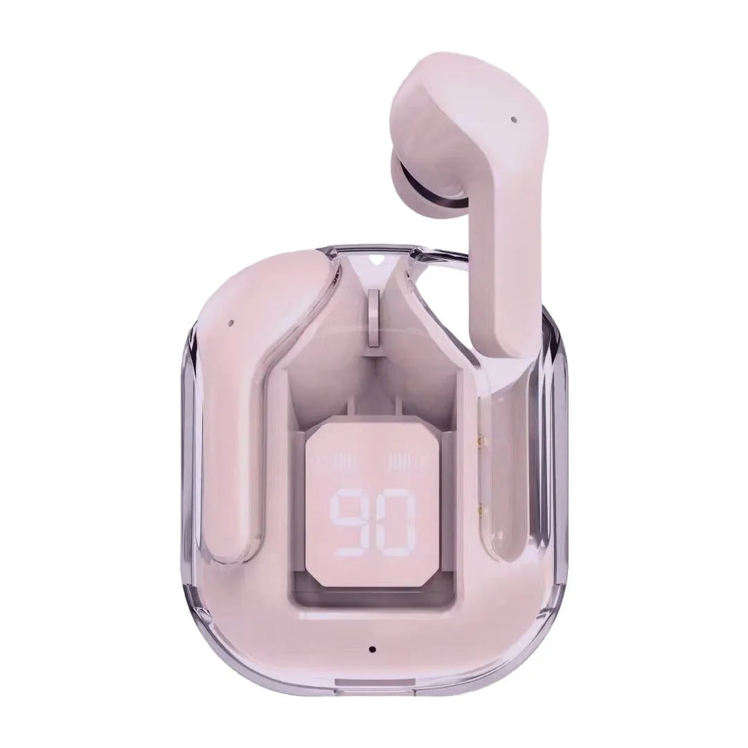 Transparent space capsule case true wireless Bluetooth earphones showing digital display screen