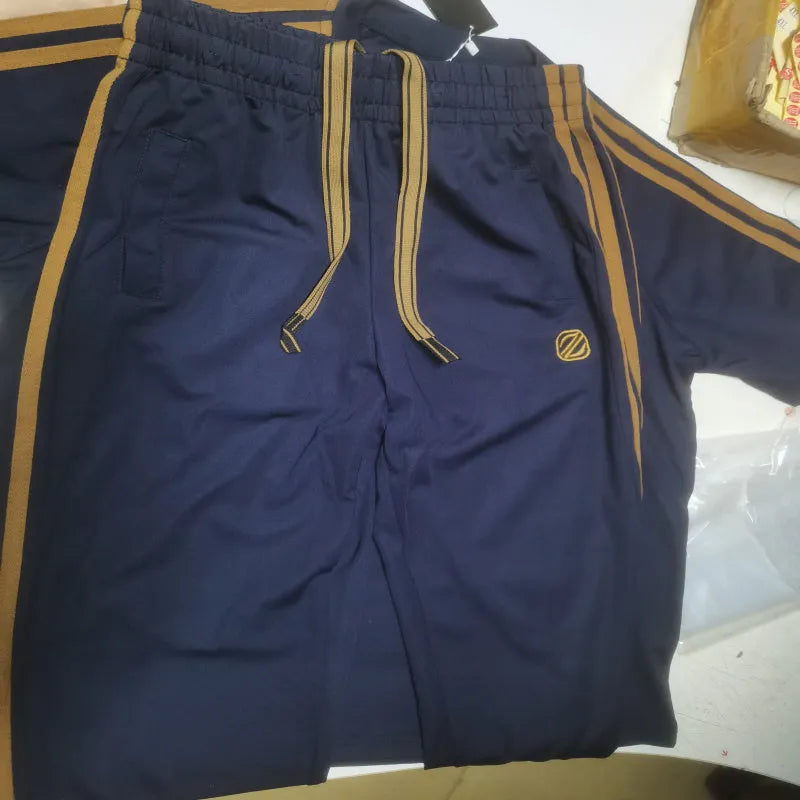 Men's blue short sleeve polyester sport suit set with matching trousers