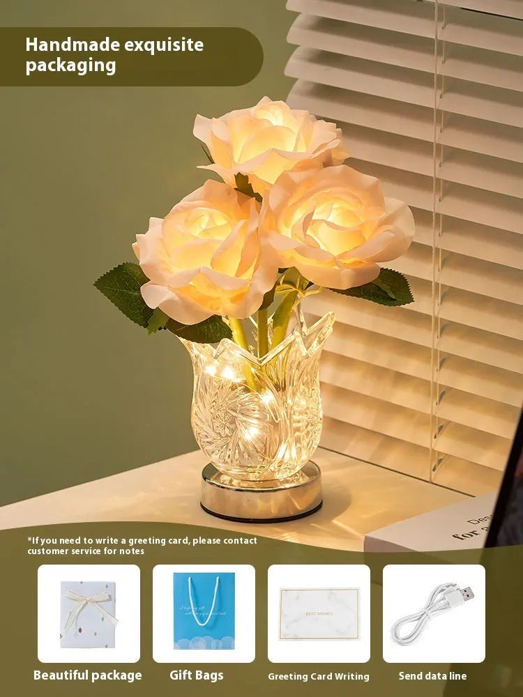 Modern crystal flowers table lamp with touch dimming control on wooden bedside table